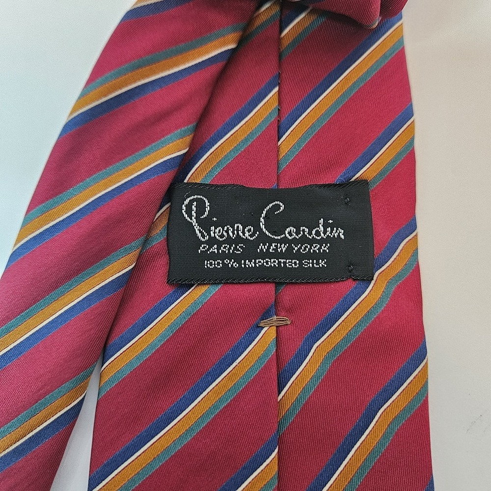 Vintage Pierre Cardin Men's Classic Necktie Red Base 100% Silk Diagonal Striped